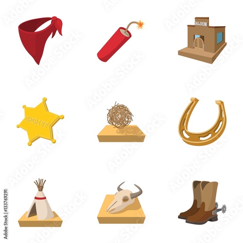 Cowboys icons set, cartoon style