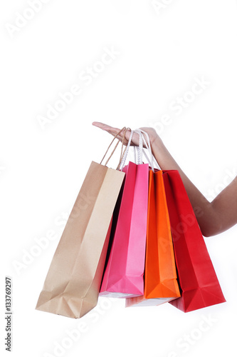 women carrying colorful shopping bag isolated on white backgroun