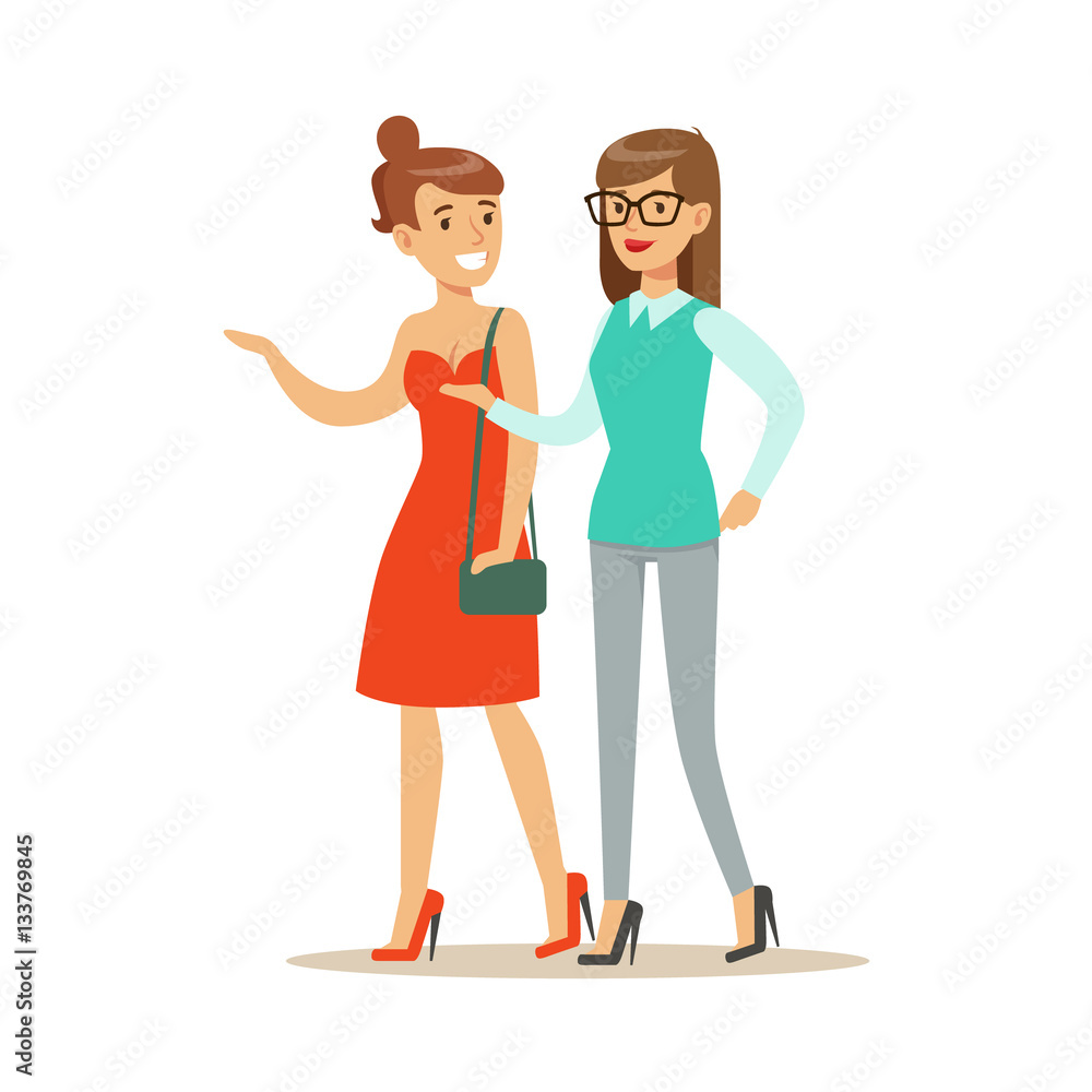 Happy Best Friends Having Good Time Together Chatting And Walking, Part Of Friendship Illustration Series Happy Best Friends Having Good Time Together Chatting And Walking, Part Of Friendship Illustration Series