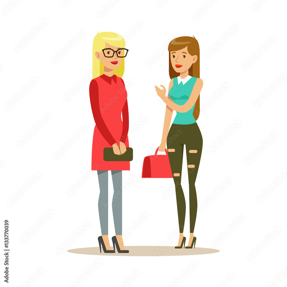 Happy Best Friends Meet On The Street Standing Chatting, Part Of Friendship Illustration Series Happy Best Friends Meet On The Street Standing Chatting, Part Of Friendship Illustration Series