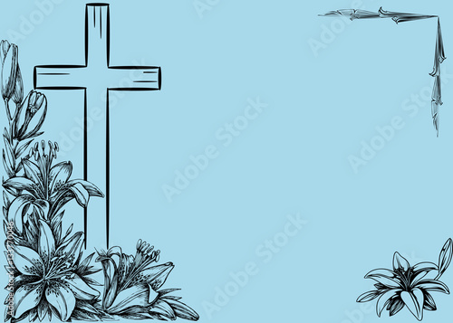 cross and  lily on blue background