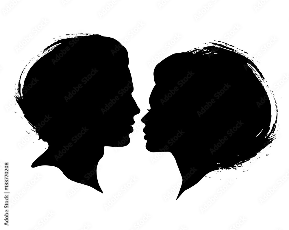 Man and Woman silhouettes on a white background. Black ink brash faces profiles in vector. Couple kissing Man and Woman silhouettes on a white background. Black ink brash faces profiles in vector. Couple kissing