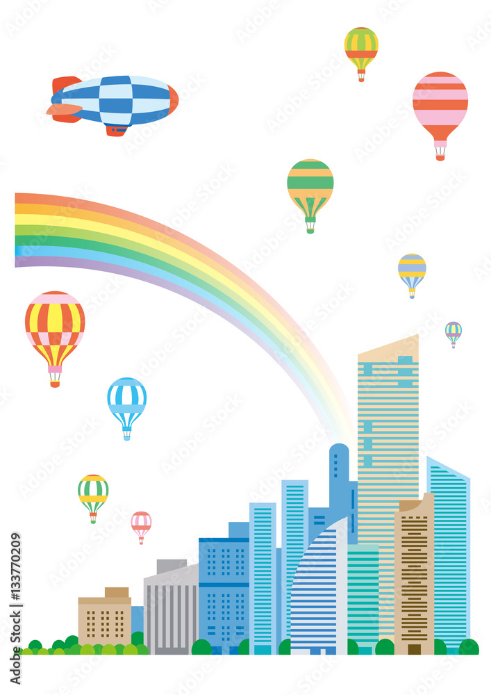高層ビルと気球と飛行船