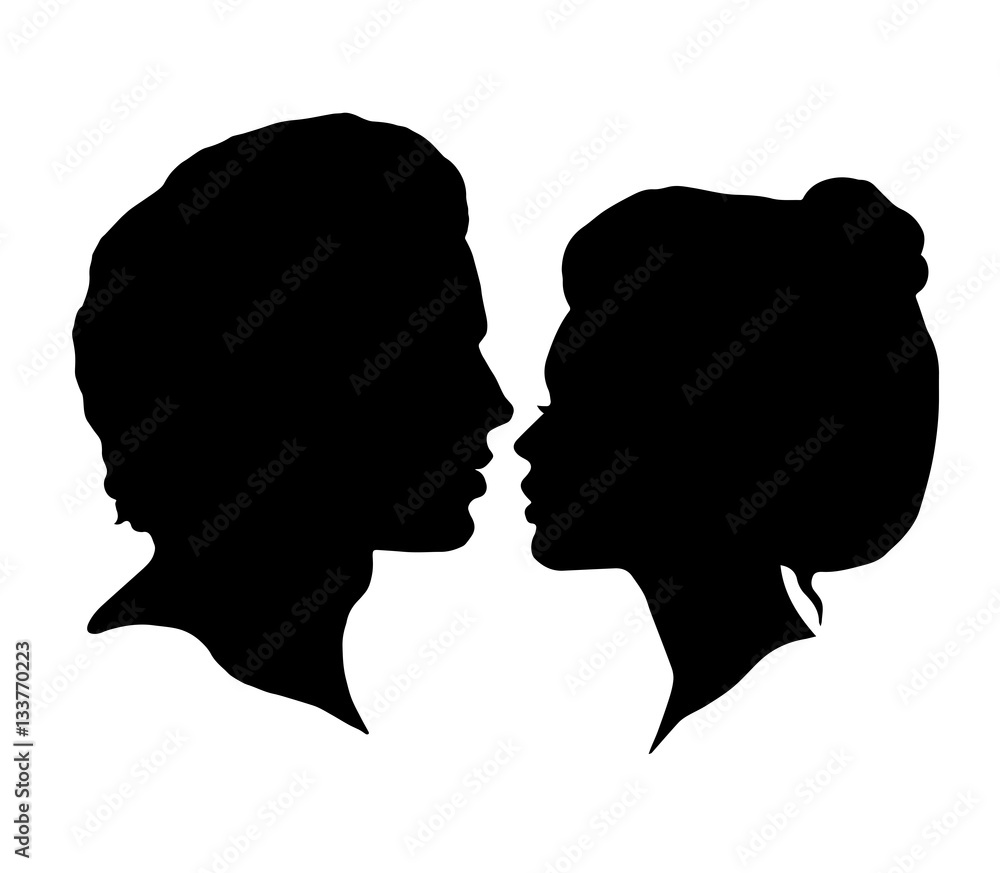 Man and Woman silhouettes on a white background. Black faces profiles in vector. Couple kissing