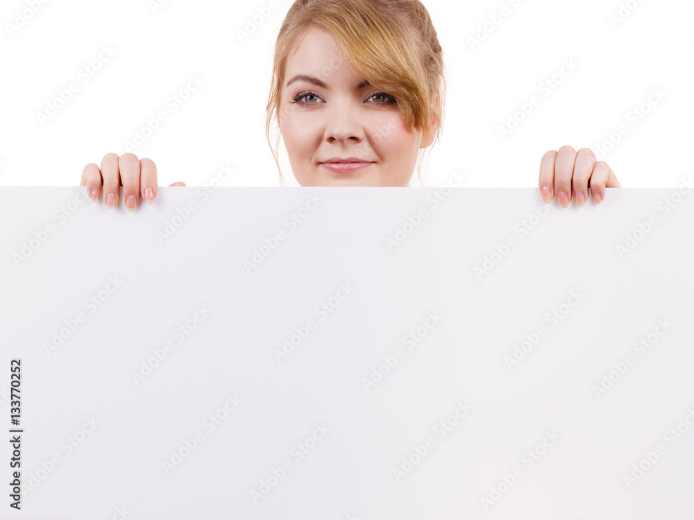 Woman with blank presentation board banner sign Woman with blank presentation board banner sign