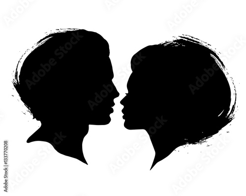 Man and Woman silhouettes on a white background. Black ink brash faces profiles in vector. Couple kissing