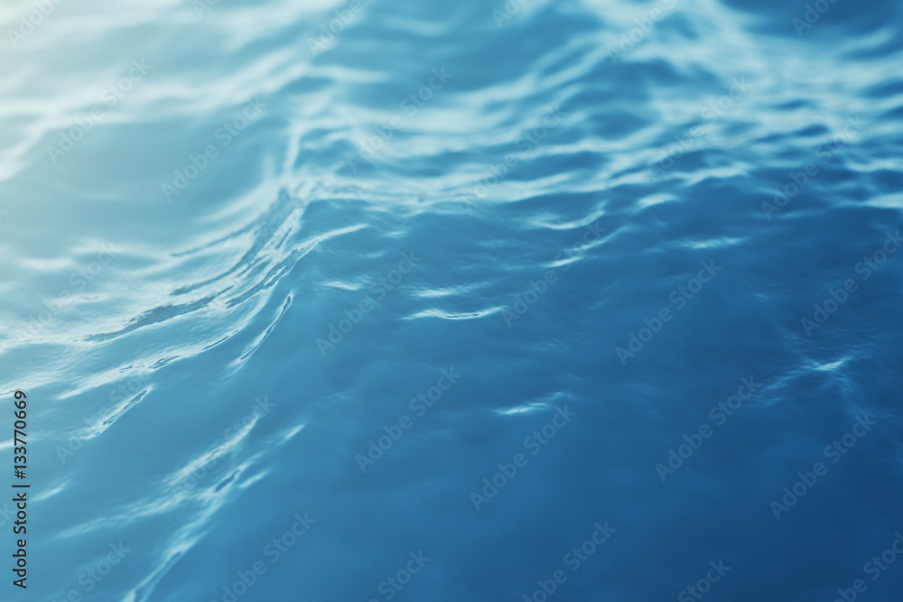 Blue water background with ripples, sea, ocean wave low angle view. Close-up Nature background. Hard focus with selective focus. 3d rendering