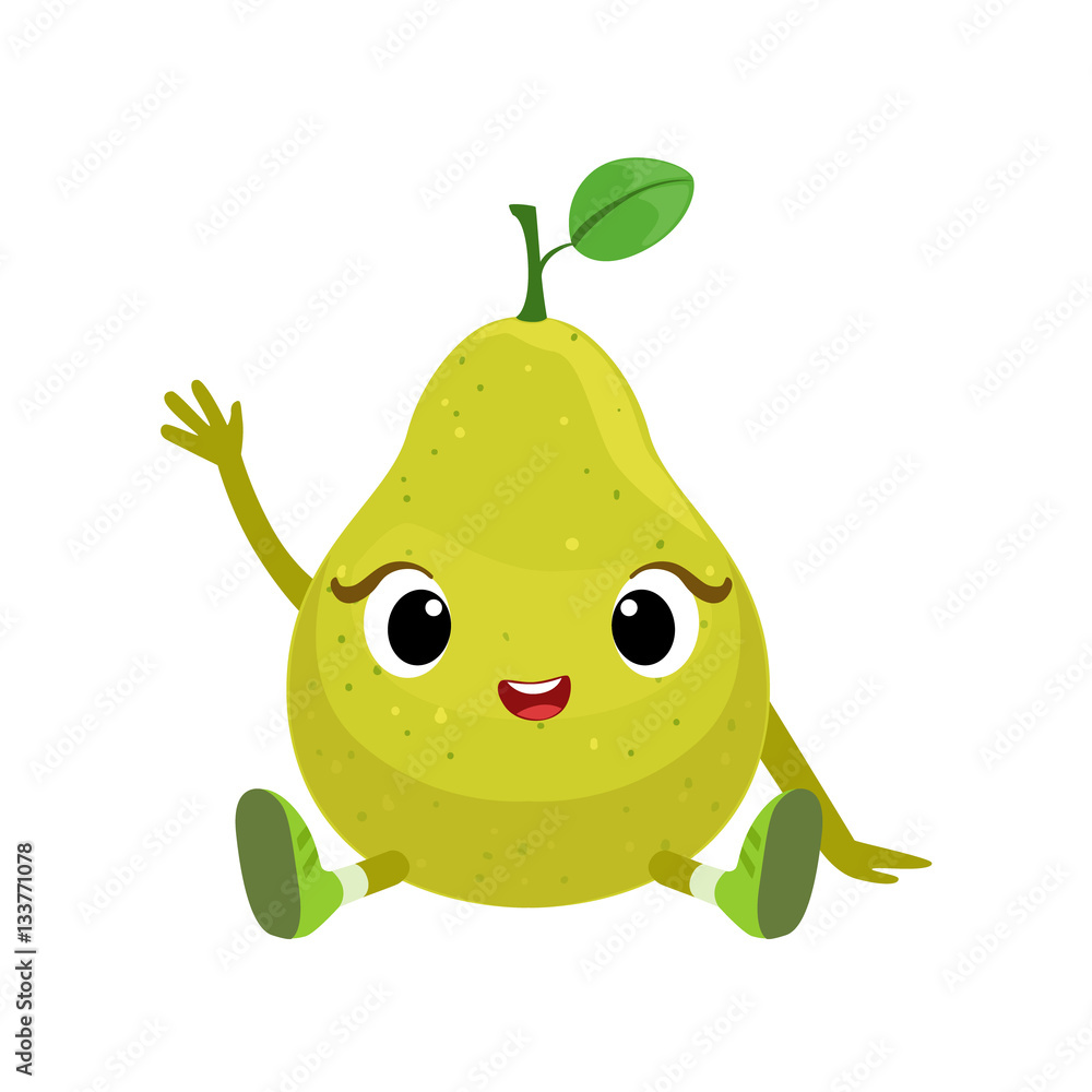 Big Eyed Cute Girly Pear Character Sitting, Emoji Sticker With Baby Fruit Big Eyed Cute Girly Pear Character Sitting, Emoji Sticker With Baby Fruit