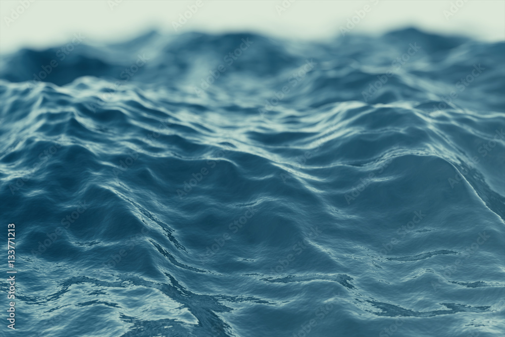 Fototapeta premium Blue water background with ripples, sea, ocean wave low angle view. Close-up Nature background. Soft focus with selective focus, 3d rendering