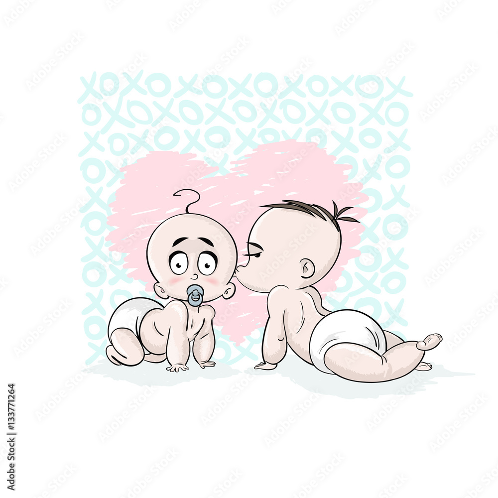 Valentine day vector. Baby girl kissed boy. Big pink heart Valentine day vector. Baby girl kissed boy. Big pink heart