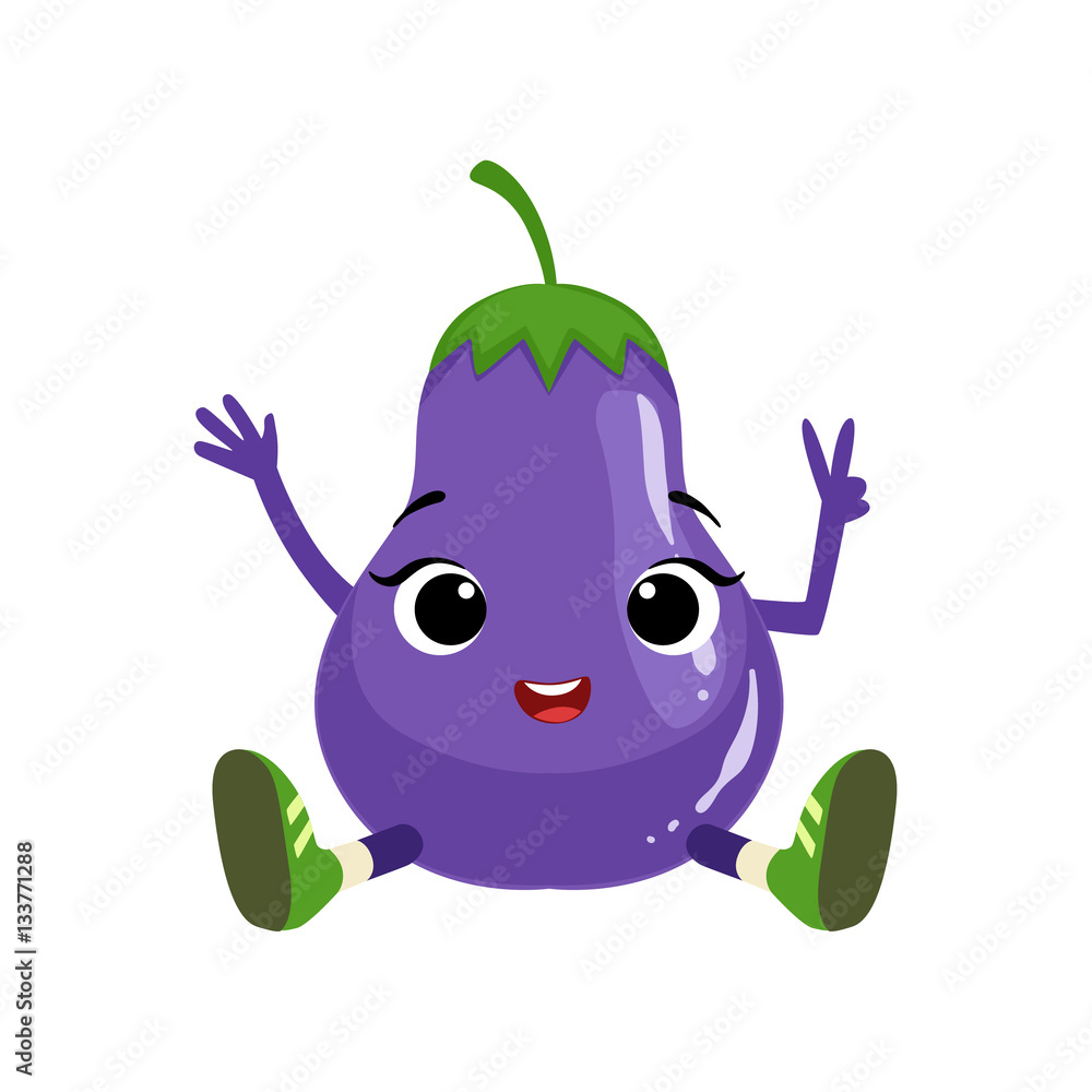 Big Eyed Cute Girly Eggplant Character Sitting, Emoji Sticker With Baby Vegetable Big Eyed Cute Girly Eggplant Character Sitting, Emoji Sticker With Baby Vegetable