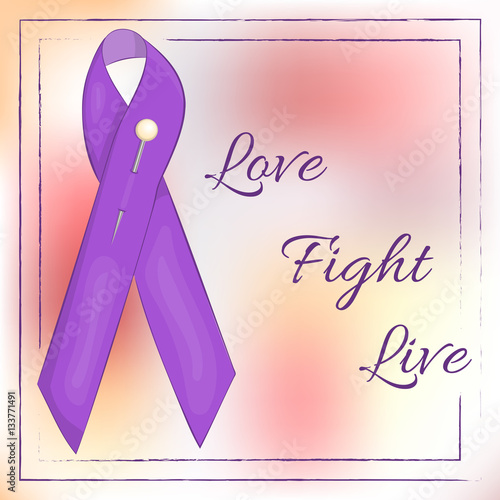 Lavender ribbon on abstract background for World Cancer Day. Love. Fight. Live. Isolated vector illustration in cartoon style.