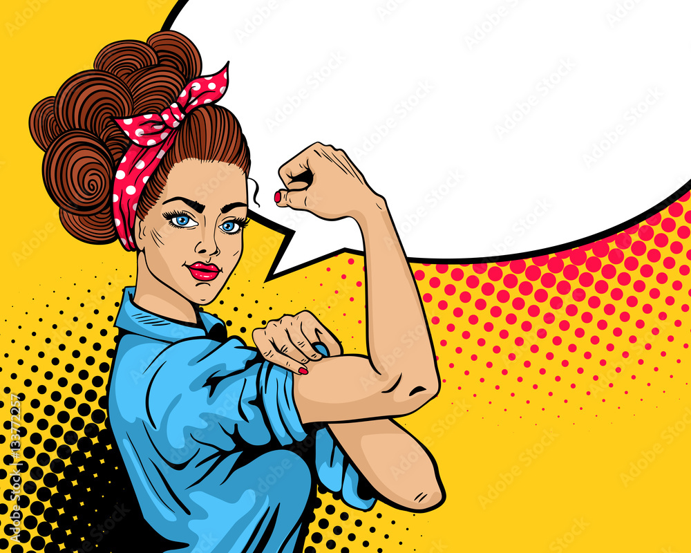 Vettoriale Stock We Can Do It poster. Pop art sexy strong girl. Classical  american symbol of female power, woman rights, protest, feminism. Vector  colorful hand drawn background in retro comic style.