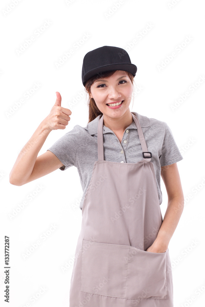 happy, smiling woman worker pointing thumb up gesture happy, smiling woman worker pointing thumb up gesture