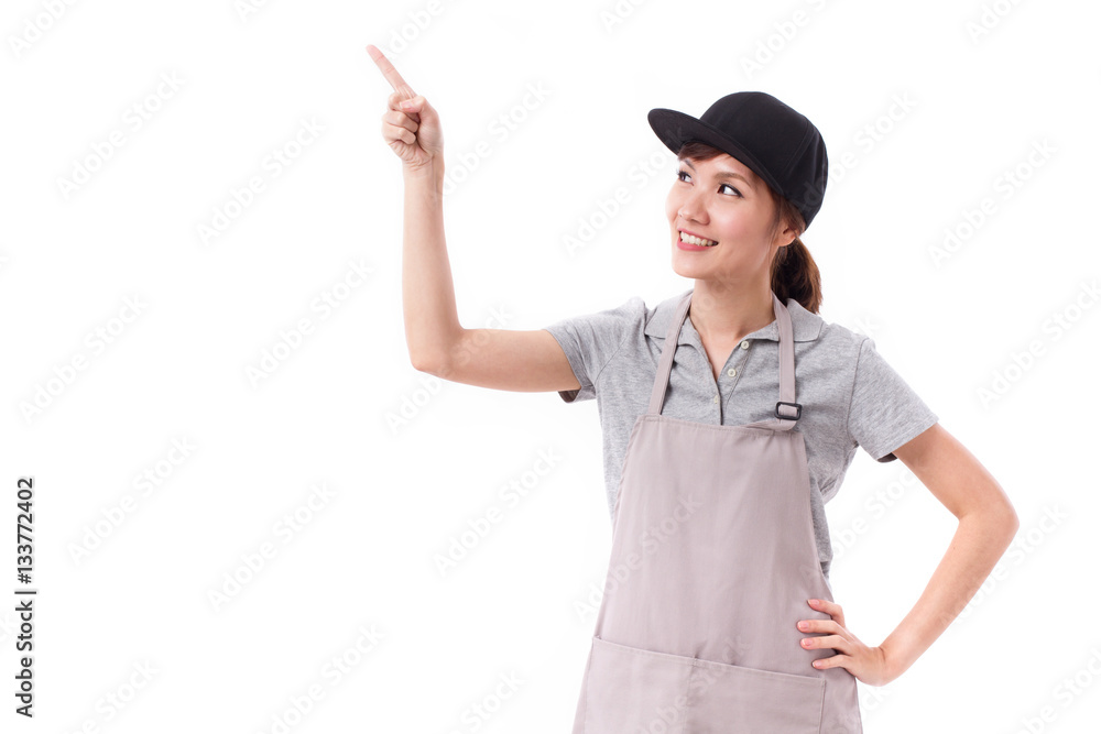 happy, smiling woman worker pointing her finger up happy, smiling woman worker pointing her finger up
