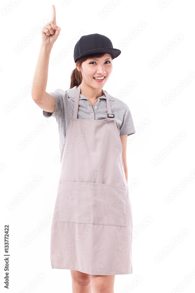 happy, smiling woman worker pointing her finger up happy, smiling woman worker pointing her finger up