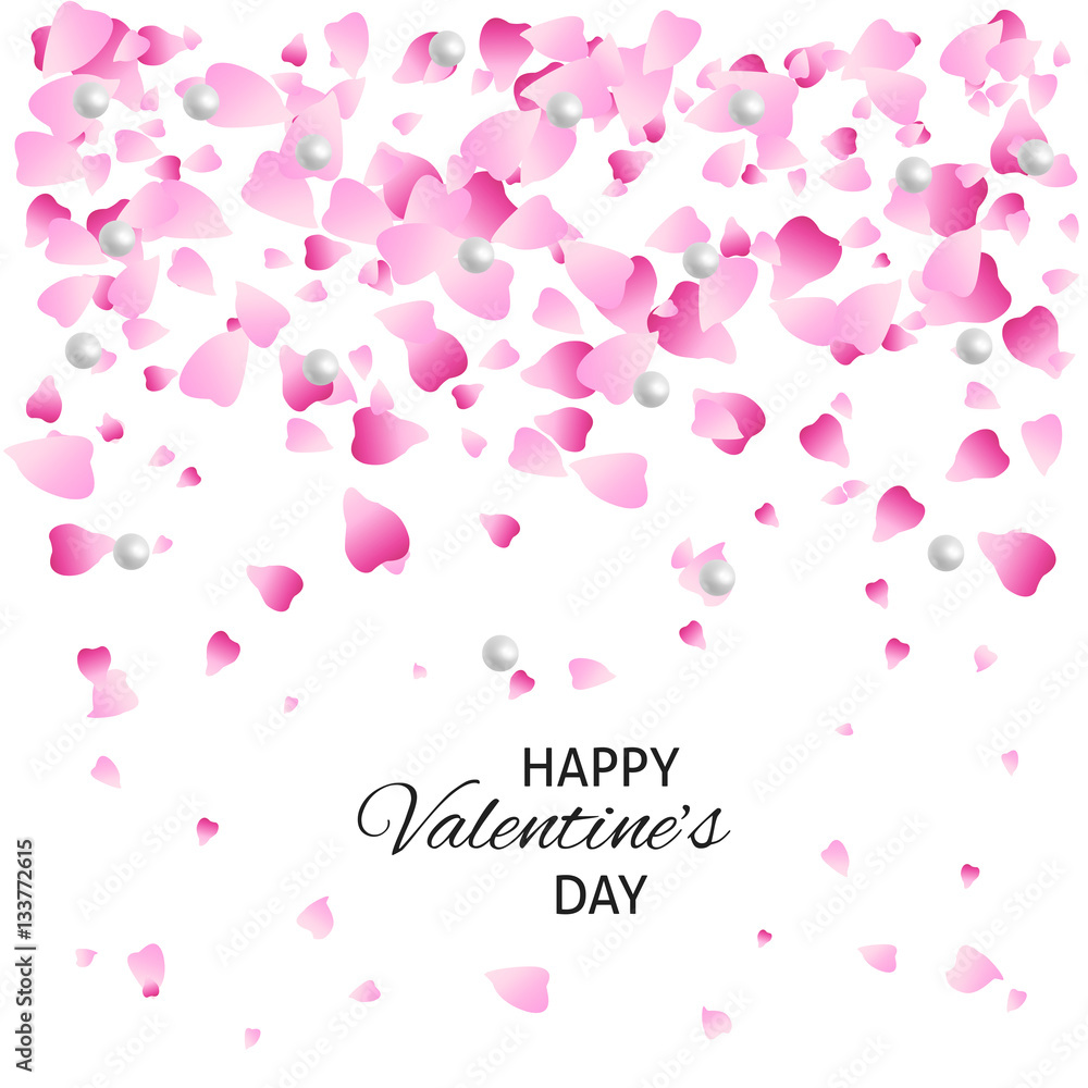 Happy valentine's day card. Pink background with petals and pearls. Vector illustration.