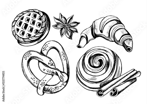 Hand drawn set of pastry and spices - cookie, pretzel, croissant, cinnamon roll, cinnamon sticks and star anise. Vector Illustration.