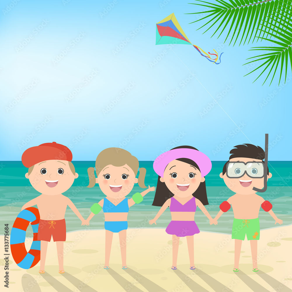Summer beach holiday. Children on the beach. Sea landscape, vector Summer beach holiday. Children on the beach. Sea landscape, vector