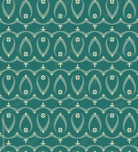 Seamless laurel wreath pattern. Curled, swirl stylized ornament with cross. Lace view texture. Ceremonial, Ester, church theme. Light figure on dark green background. Vector
