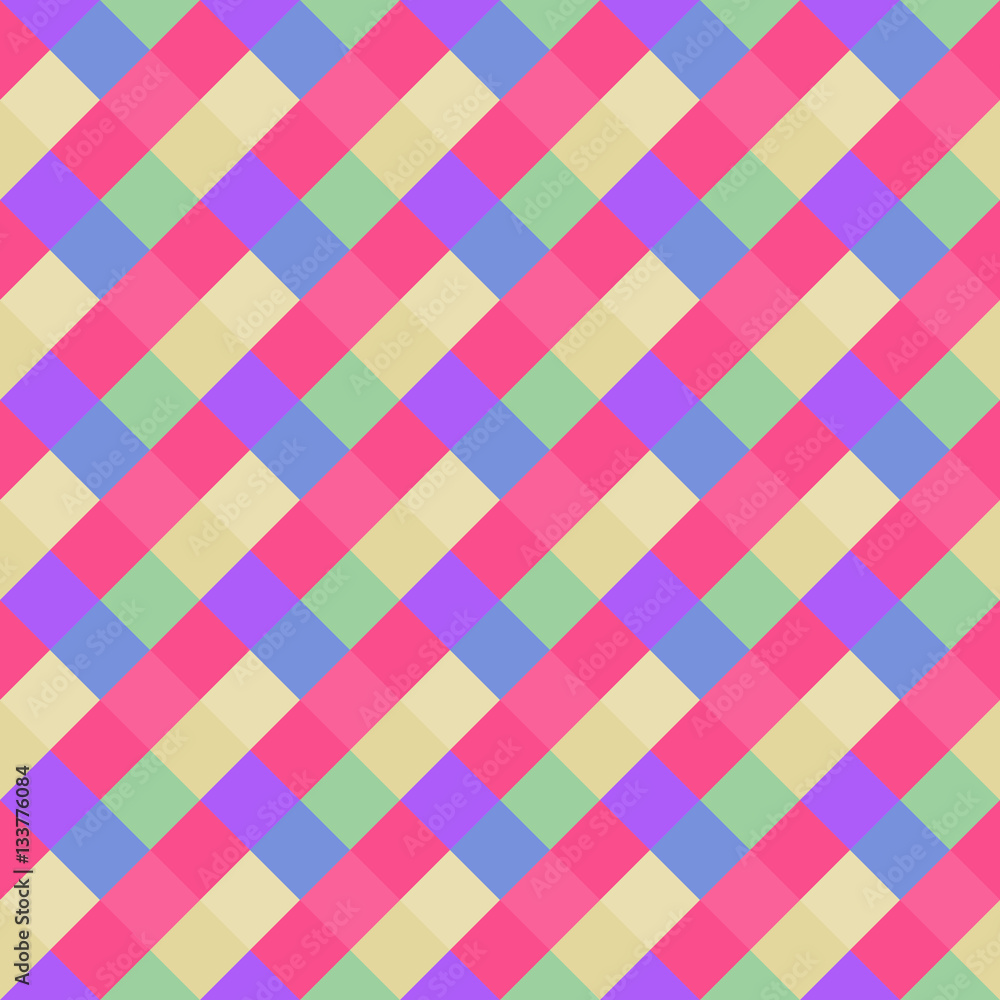 Seamless geometric pattern. Diagonal square, braiding, woven line background. Strapwork texture in bright, variegated, kitsch, festival, clown, holiday colors. Pink, blue colored. Rhomb figure. Vector Seamless geometric pattern. Diagonal square, braiding, woven line background. Strapwork texture in bright, variegated, kitsch, festival, clown, holiday colors. Pink, blue colored. Rhomb figure. Vector