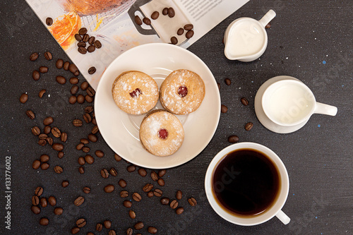 Coffee break. Morning breakfast. Cup of coffee and cookies