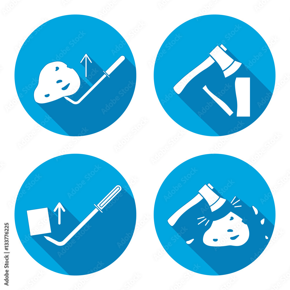Tool icons set. Axe, hache, pinchbar instrument. Working, unskilled, toil, unable, useless method symbol. White sign on round button with long shadow. Vector Tool icons set. Axe, hache, pinchbar instrument. Working, unskilled, toil, unable, useless method symbol. White sign on round button with long shadow. Vector