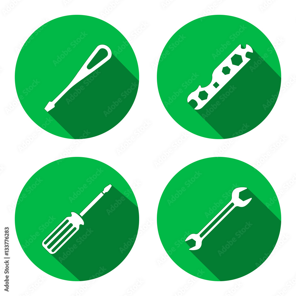 Tool icon. Spanner, nut wrench, screwdriver, turnscrew instrument. Industrial, fixing, repair, service symbol. White sign on round flat button. Vector Tool icon. Spanner, nut wrench, screwdriver, turnscrew instrument. Industrial, fixing, repair, service symbol. White sign on round flat button. Vector