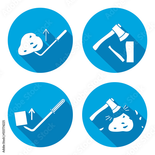 Tool icons set. Axe, hache, pinchbar instrument. Working, unskilled, toil, unable, useless method symbol. White sign on round button with long shadow. Vector