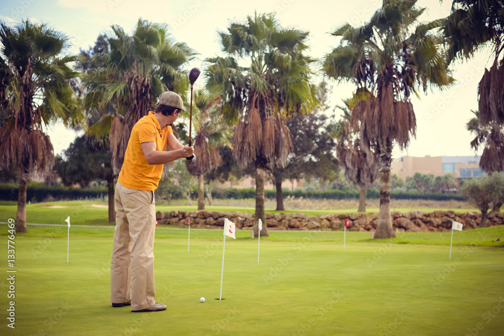 Obraz premium Back view of active man holding playing vintage wooden golf club on palm tree grass field outdoors background.