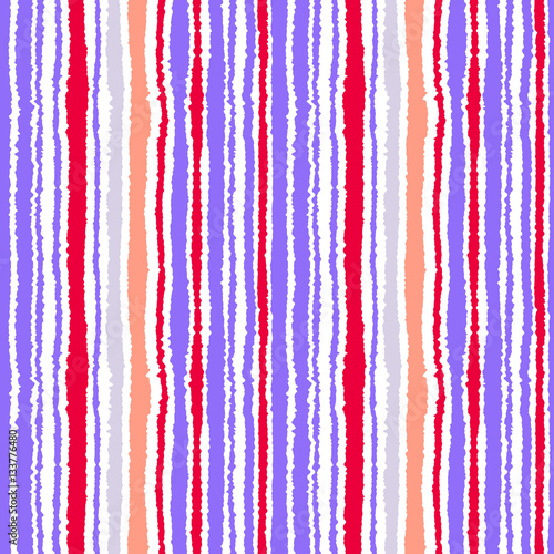 Seamless strip pattern. Vertical lines with torn paper effect. Shred edge texture. Lilac, orange, red colors on white background. Vector