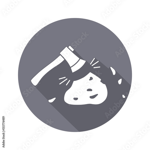 Axe, hache tool icon. Instrument, working, unskilled, toil, unable, useless method symbol. White sign on round button with long shadow. Vector