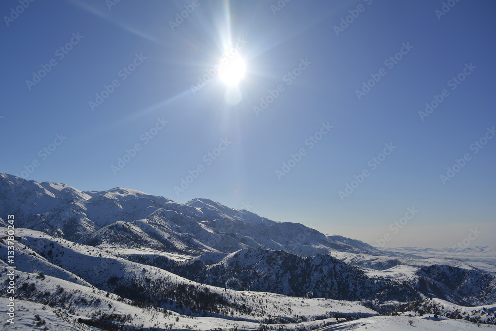 Sunny day in the mountains in winter