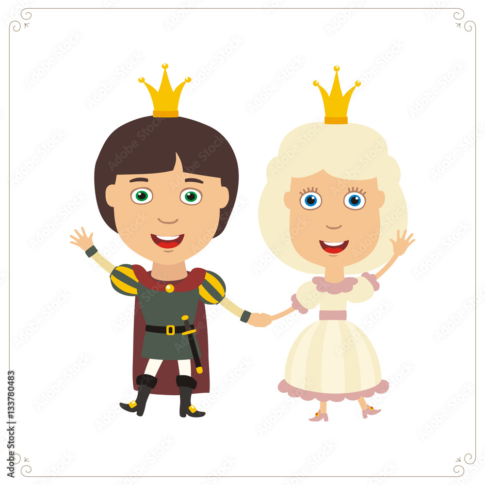 Happy prince and princess in cartoon style. Isolated prince and princess on white background. Happy prince and princess in cartoon style. Isolated prince and princess on white background.