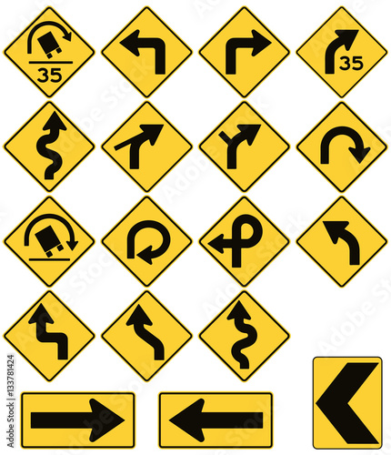 Road signs in the United States. W1 Series: Curves and Turns. Vector Format