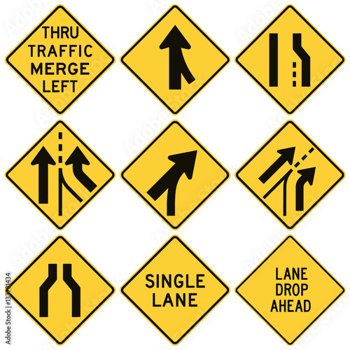 Road signs in the United States. W4 Series: Lanes and Merges.  photo