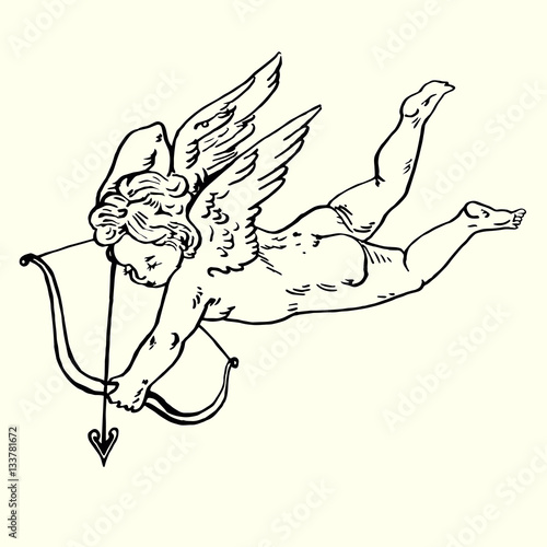 Murais de parede Cupid shoots arrows from his bow, hand drawn doodle, sketch in pop art style, ve