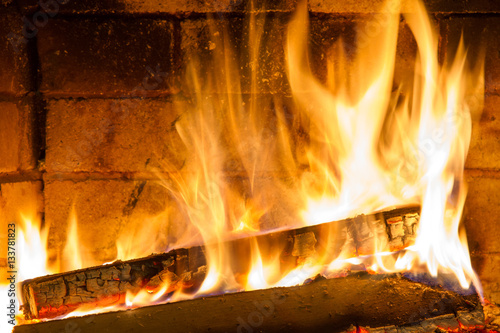 Burning firewood in the fireplace close up