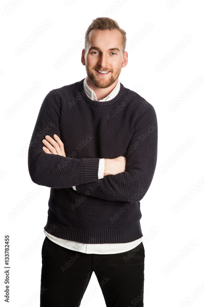 Handsome blonde mature man, standing against a white background wearing a dark sweater, white shirt and dark jeans. Feeling relaxed and confident. Handsome blonde mature man, standing against a white background wearing a dark sweater, white shirt and dark jeans. Feeling relaxed and confident.
