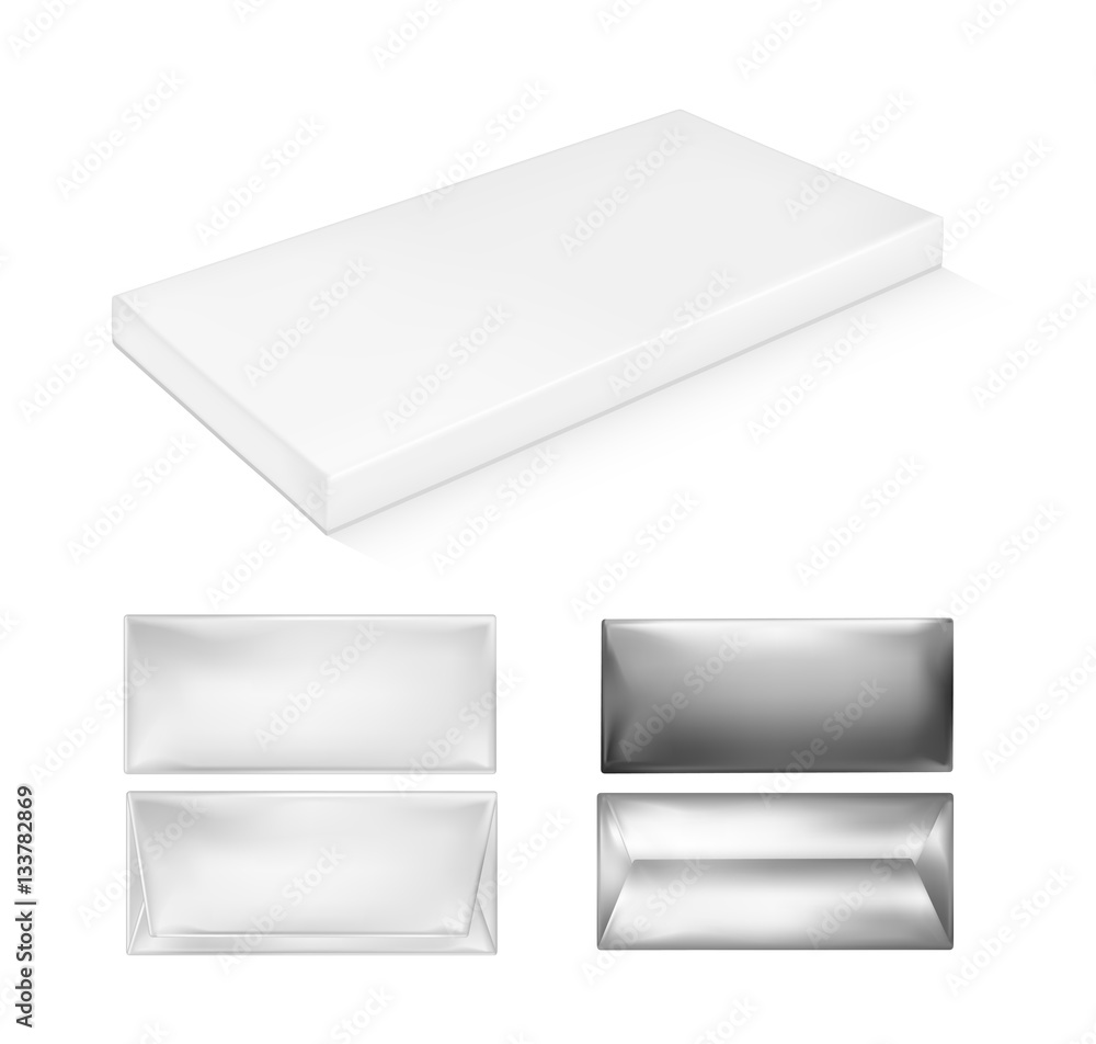 White and foil package for snacks, food and chocolate White and foil package for snacks, food and chocolate