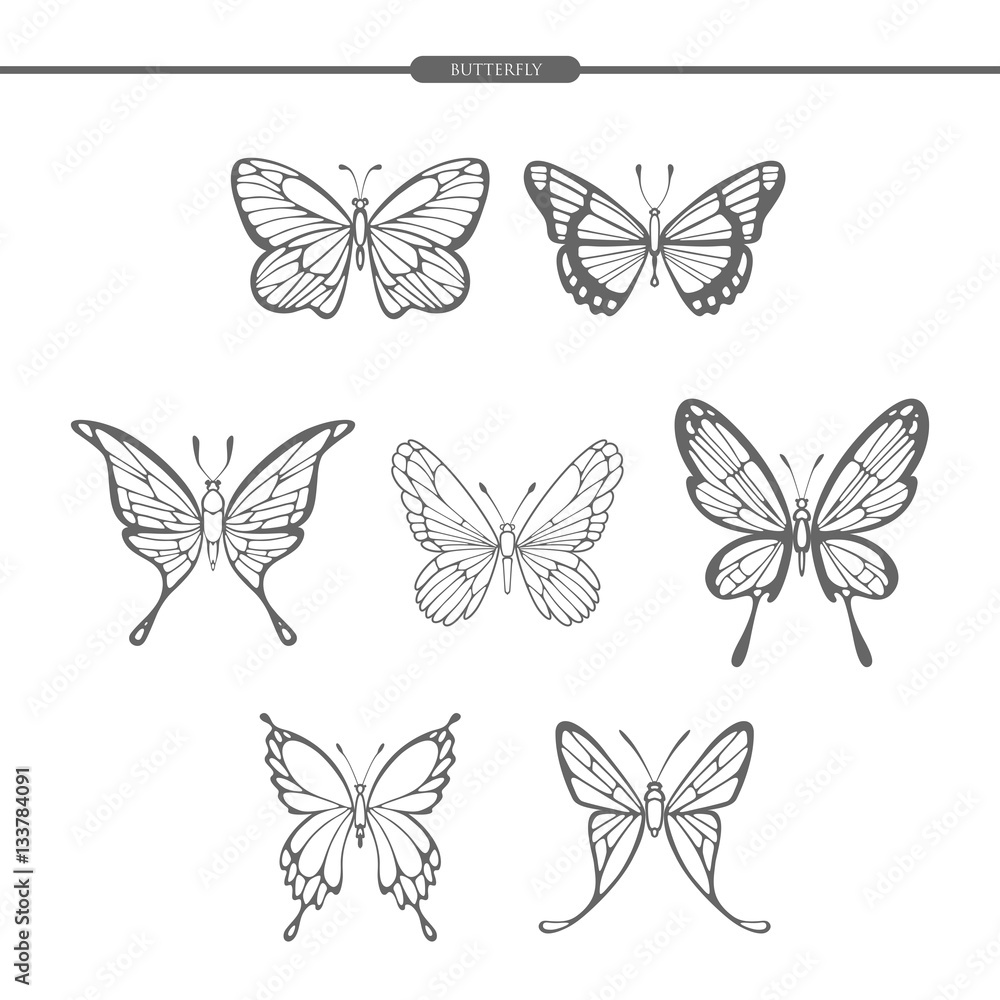 Set black butterflies isolate on white background. Hand drawing. Vector illustration. Set black butterflies isolate on white background. Hand drawing. Vector illustration.