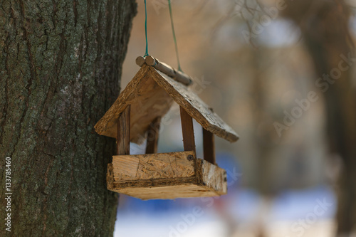 feeding trough for birds on a tree wooden feeder