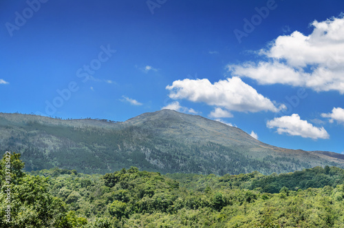 Landscape: Summer mountains with green grass and dark blue cloudy sky on a beautiful sunny day in Santa Catarina, Brazil