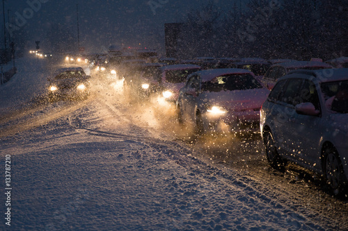 Heavy snow storm has halted traffic to a complete stop.