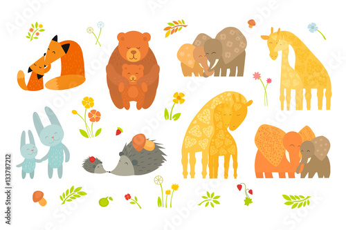 Cartoon Forest Animals Parent with Baby. Brightly colored childish animals. Mothers and children. Vector illustration. Cute animals for Mother's Day. Animals mom and baby