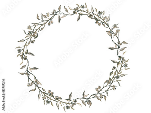 Circle. A wreath of dried herbs, decorations for cards and invitations, watercolor