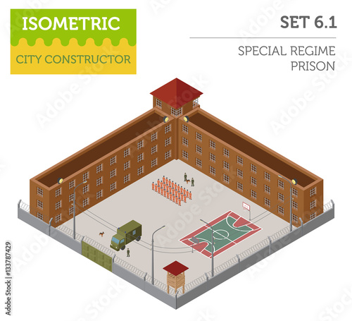 Flat 3d isometric special regime prison, jail for city map const