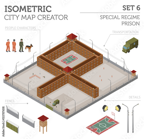 Flat 3d isometric special regime prison, jail for city map const
