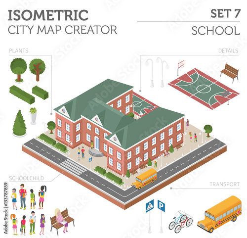 Flat 3d isometric school and city map constructor elements such