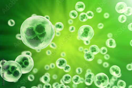 Human cells or animal on green background. Life and biology, medicine scientific concept with focus effect. 3d rendering